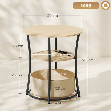Side Table with Charging Station, 3-Tier Storage, Natural Wood