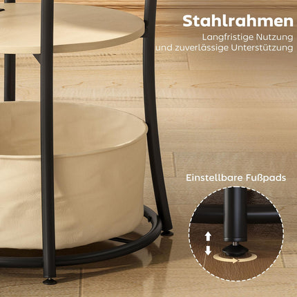 Side Table with Charging Station, 3-Tier Storage, Natural Wood