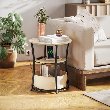 Side Table with Charging Station, 3-Tier Storage, Natural Wood