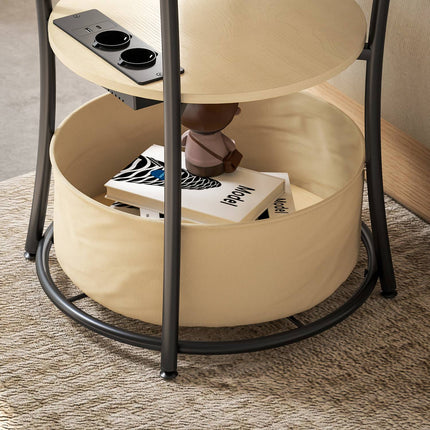 Side Table with Charging Station, 3-Tier Storage, Natural Wood