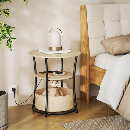 Side Table with Charging Station, 3-Tier Storage, Natural Wood