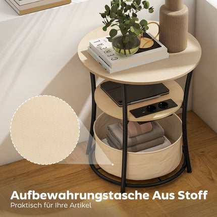 Side Table with Charging Station, 3-Tier Storage, Natural Wood