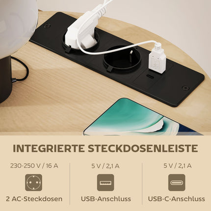 Side Table with Charging Station, 3-Tier Storage, Natural Wood