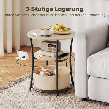 Side Table with Charging Station, 3-Tier Storage, Natural Wood