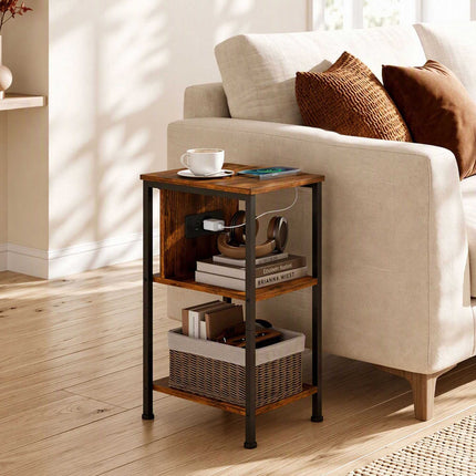 Side Table with Charging Station, Rustic Brown Finish