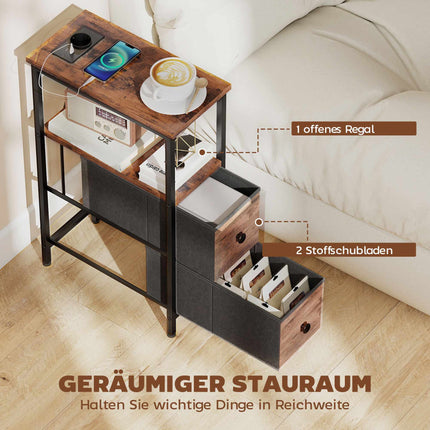 Beistelltisch mit Ladestation, Stahlrahmen, 2 Stoffschubladen