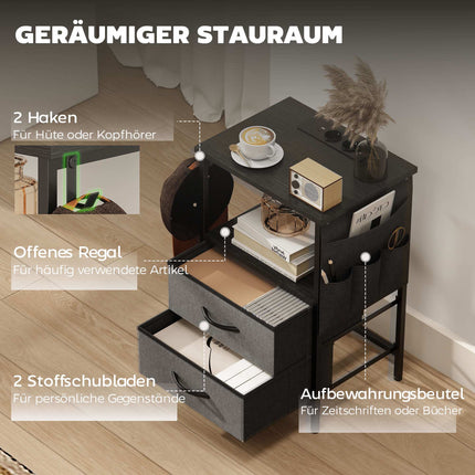 Beistelltisch mit Ladestation, Stahlrahmen, Schwarz, 40x30x60 cm
