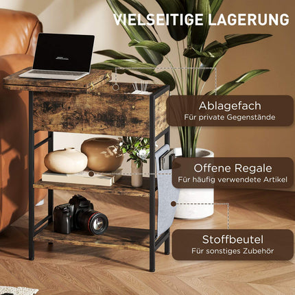 Beistelltisch mit Steckdosenleiste, USB-Anschlüssen, 2 Ablagen, Rustikales Braun