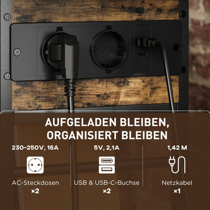 Beistelltisch mit Steckdosenleiste, USB-Anschlüssen, 2 Ablagen, Rustikales Braun