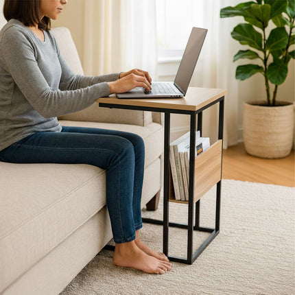 Side Table with Shelf and Compartment – Wood and Metal