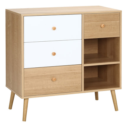Skandinavisches Sideboard mit 4 Schubladen, 2 Ablagen, Naturholz
