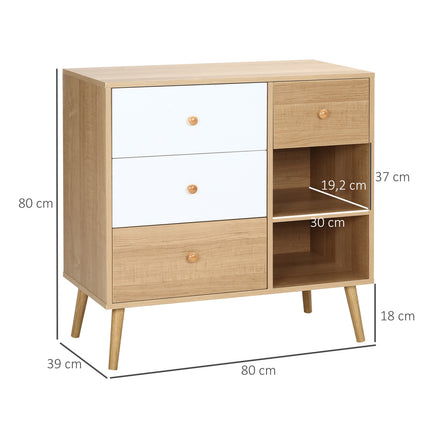 Skandinavisches Sideboard mit 4 Schubladen, 2 Ablagen, Naturholz