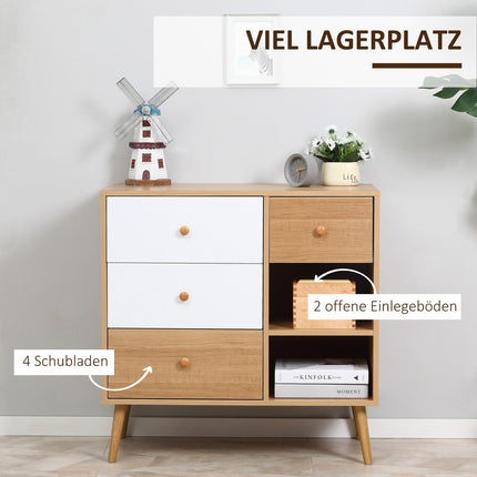 Skandinavisches Sideboard mit 4 Schubladen, 2 Ablagen, Naturholz
