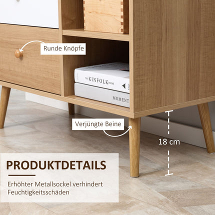 Skandinavisches Sideboard mit 4 Schubladen, 2 Ablagen, Naturholz