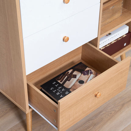 Skandinavisches Sideboard mit 4 Schubladen, 2 Ablagen, Naturholz