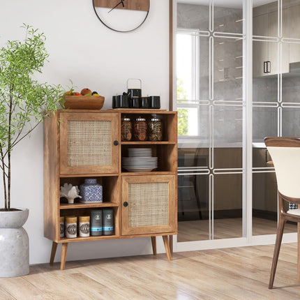 Sideboardschrank aus Holz, Kommode mit 4 Fächern und 2 Türen, Sideboardschrank aus Rattan