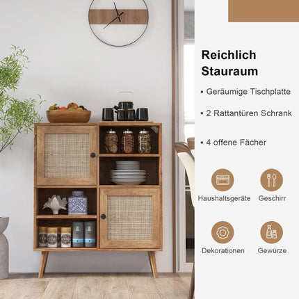 Sideboardschrank aus Holz, Kommode mit 4 Fächern und 2 Türen, Sideboardschrank aus Rattan