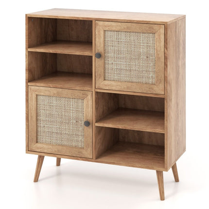 Sideboardschrank aus Holz, Kommode mit 4 Fächern und 2 Türen, Sideboardschrank aus Rattan