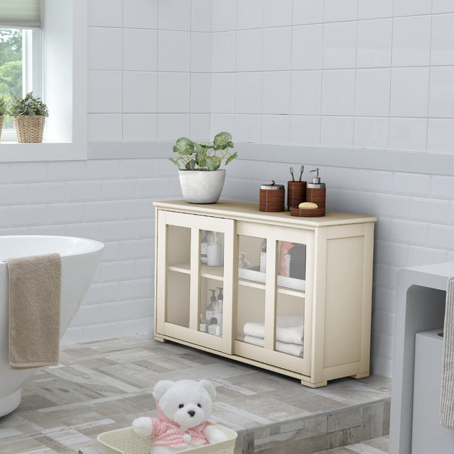 Sideboard Küchenschrank Wohnzimmer Rule mit Schiebetüren Cremeweiß 106,5 x 33 x 62,5 cm