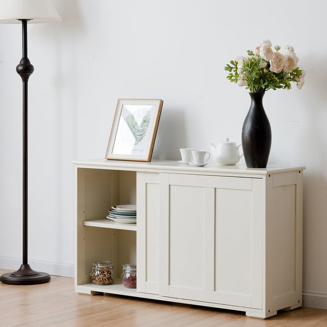 Sideboard Küchenschrank Seitenschrank mit Schiebetüren weiß/braun 106,5 x 33 x 60 cm-Beige