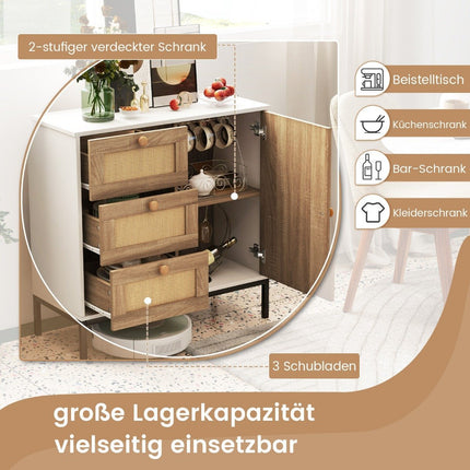 Sideboard rattan chest of drawers with 1 door and 3 drawers kitchen cabinet 80 x 35 x 80.5 cm white + natural