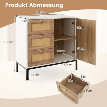 Sideboard rattan chest of drawers with 1 door and 3 drawers kitchen cabinet 80 x 35 x 80.5 cm white + natural