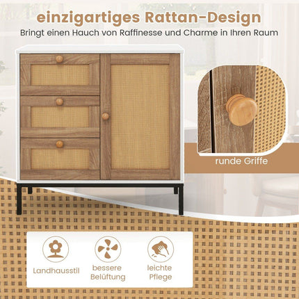 Sideboard rattan chest of drawers with 1 door and 3 drawers kitchen cabinet 80 x 35 x 80.5 cm white + natural