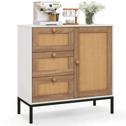 Sideboard rattan chest of drawers with 1 door and 3 drawers kitchen cabinet 80 x 35 x 80.5 cm white + natural