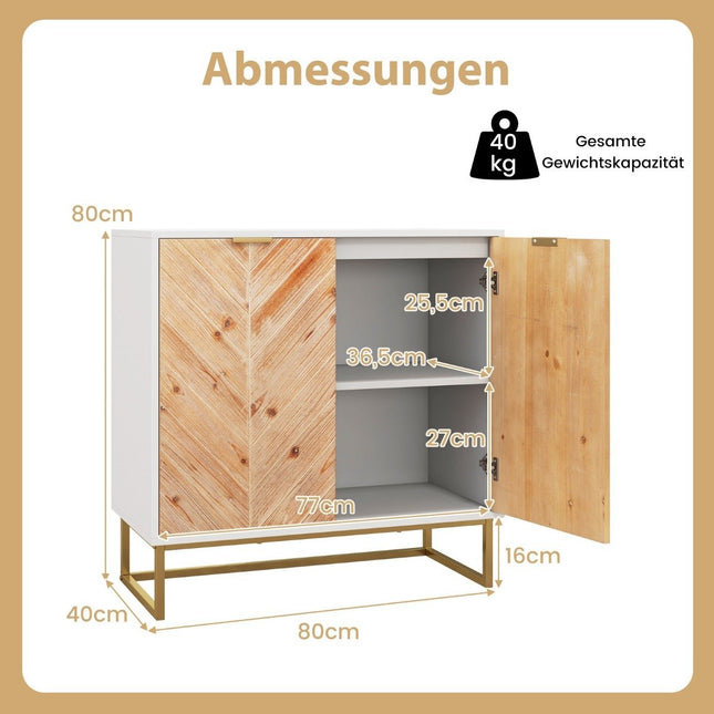 Sideboard mit 2 Türen, Küchenschrank mit Regal, Buffetschrank modern mit Metallbeinen, weiß 80 x 40 x 80 cm