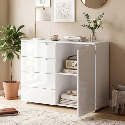 Sideboard mit 4 Schubladen, 1 Tür, verstellbarem Regal, Weiß