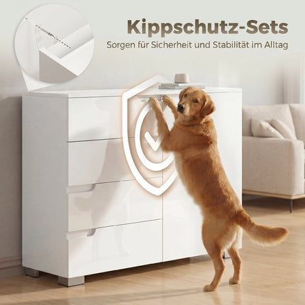 Sideboard mit 4 Schubladen, 1 Tür, verstellbarem Regal, Weiß
