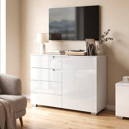 Sideboard mit 4 Schubladen, 1 Tür, verstellbarem Regal, Weiß