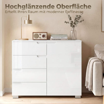Sideboard mit 4 Schubladen, 1 Tür, verstellbarem Regal, Weiß