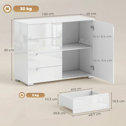 Sideboard mit 4 Schubladen, 1 Tür, verstellbarem Regal, Weiß