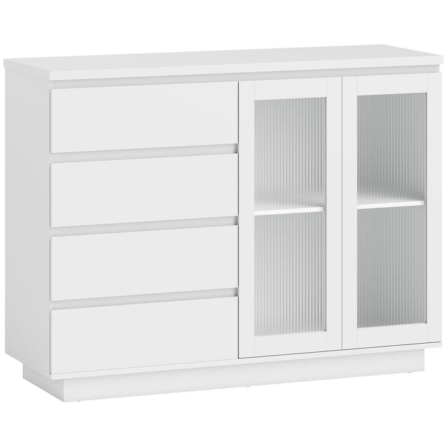 Sideboard mit 4 Schubladen, 2 Glastüren, MDF, Weiß