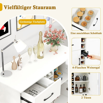 Buffet avec casier à vin pour 6 bouteilles, tiroir et 2 portes, meuble bar à vin moderne blanc