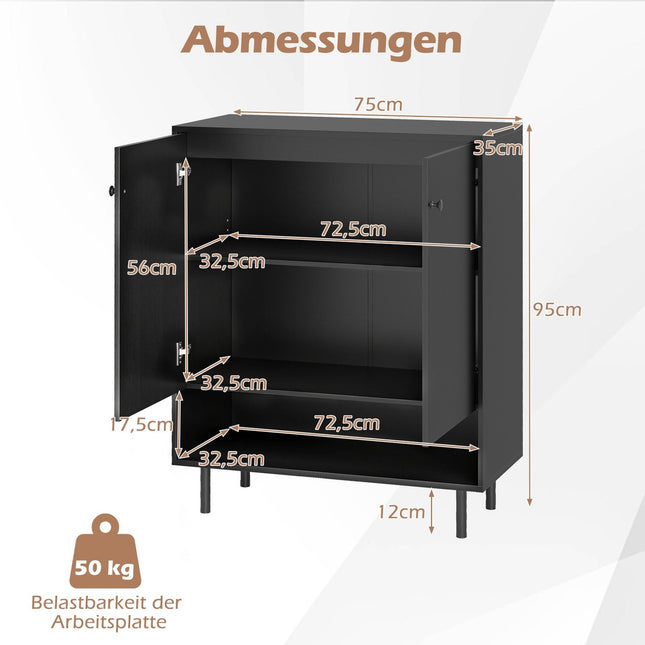 Dressoir met verstelbare planken, 2 deuren, 75x35x95 cm, zwart