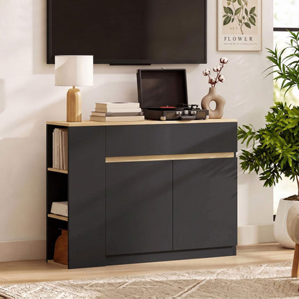 Sideboard with Drawer, Cabinet and 3 Open Shelves, Black, 110 x 29.5 x 82 cm