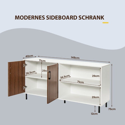 Sideboard mit Schrank und 2 offenen Fächern Kommode aus Holz 148 x 40 x 75cm Nussbaum