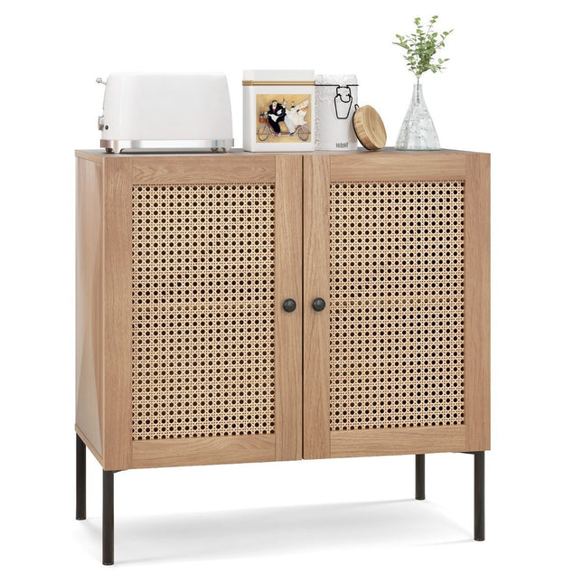 Sideboard mit Rattantüren &amp; Arbeitsplatte &amp; verstellbaren Fächern Küchenschrank Eiche