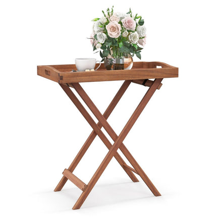 Table d'appoint en bois d'acacia, table de jardin, petite table de balcon, table en bois avec plateau à lattes, 68 x 44 x 74 cm, naturel
