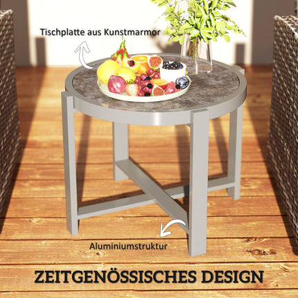Runder wetterfester Aluminiumtisch, Marmoroptik – grau