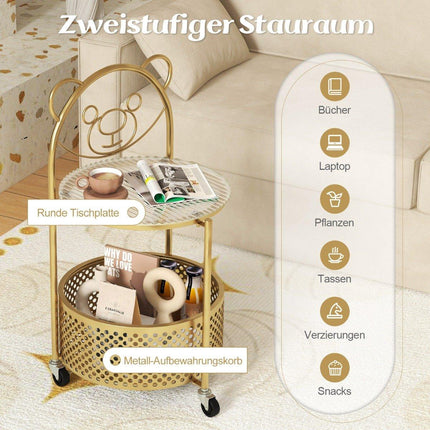 Beistelltisch Glas mit Rollen 2-stufiger Glastisch rund mit Bärenmuster gold