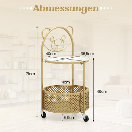 Beistelltisch Glas mit Rollen 2-stufiger Glastisch rund mit Bärenmuster gold