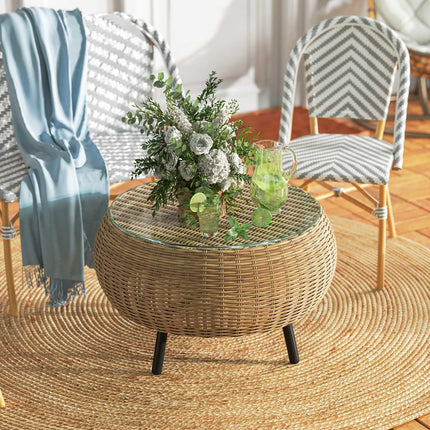 Runder Couchtisch aus Polyrattan mit Glasplatte – Ø75 x 42 cm