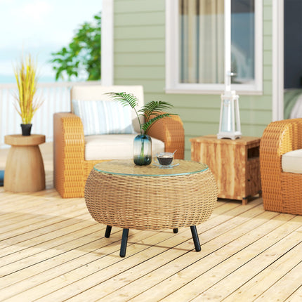 Runder Couchtisch aus Polyrattan mit Glasplatte – Ø75 x 42 cm