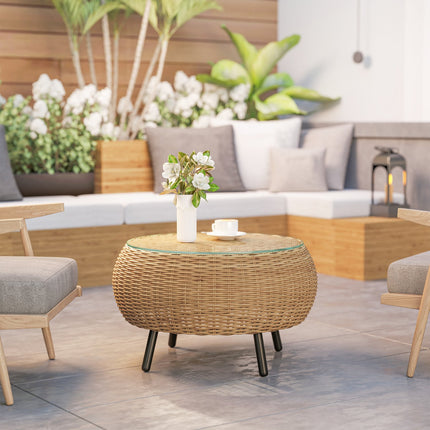 Runder Couchtisch aus Polyrattan mit Glasplatte – Ø75 x 42 cm
