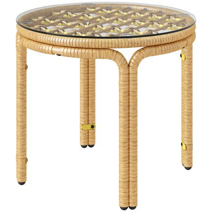Bijzettafel van polyrotan, ronde salontafel met glazen tafelblad, nachtkastje, tuintafel, tuinmeubelen, salontafel, salontafel voor woonkamer, tuin, terras, balkon, Ø50 cm, geel