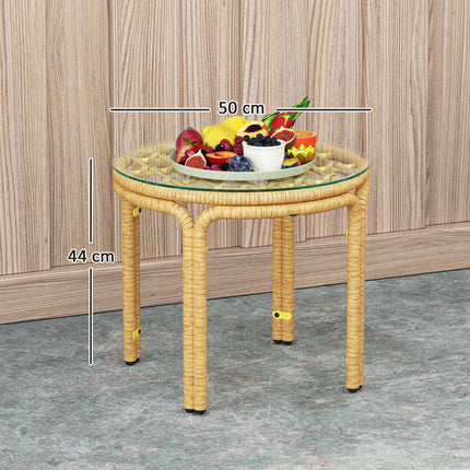 Bijzettafel van polyrotan, ronde salontafel met glazen tafelblad, nachtkastje, tuintafel, tuinmeubelen, salontafel, salontafel voor woonkamer, tuin, terras, balkon, Ø50 cm, geel