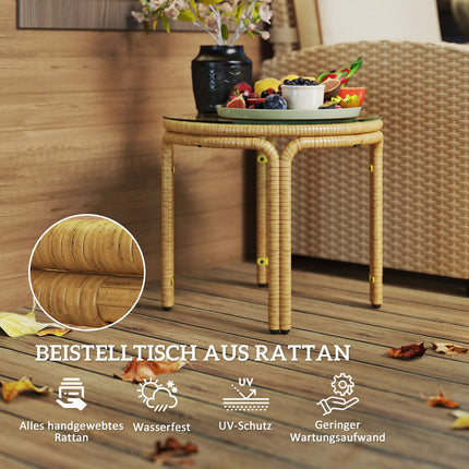 Bijzettafel van polyrotan, ronde salontafel met glazen tafelblad, nachtkastje, tuintafel, tuinmeubelen, salontafel, salontafel voor woonkamer, tuin, terras, balkon, Ø50 cm, geel